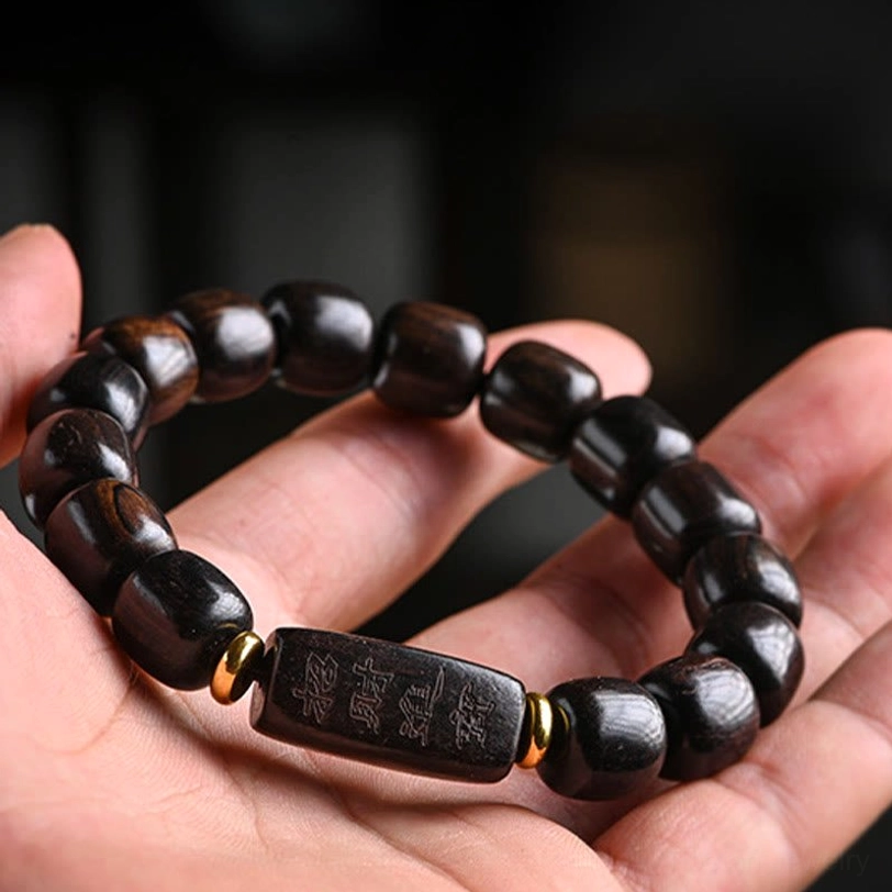 Natural ebony wood barrel bracelet prosperity charm with carved square beads