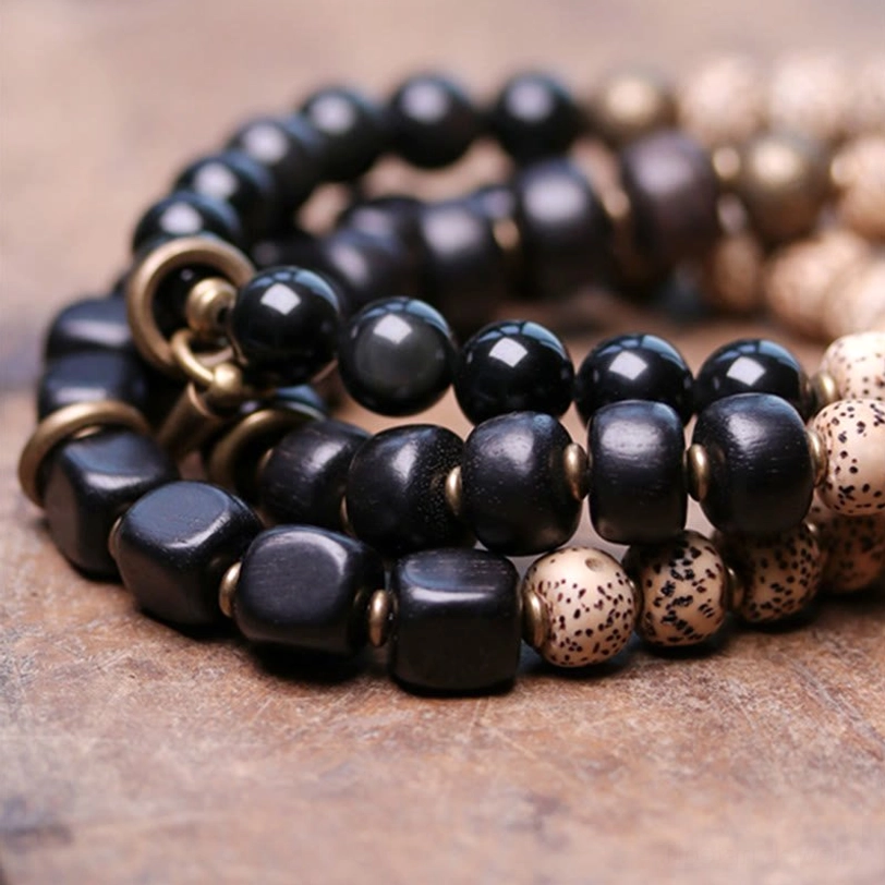 Natural Tibetan Bodhi Seed bracelet with protective Black Obsidian stones and brass accents