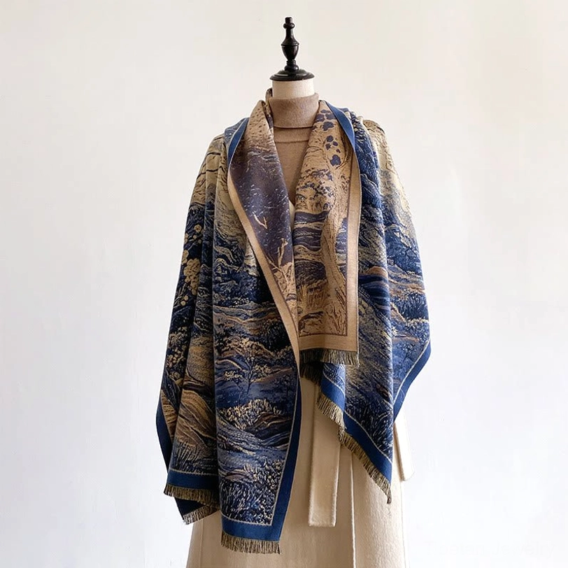 Navy blue Tibetan landscape wrap shawl on mannequin, front view draped showing full coverage and neat hand-fringed hem finishing