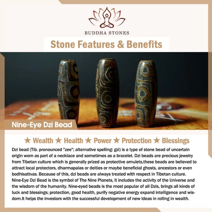 Nine-eye dzi bead promotion page showing benefits wealth health protection with three dzi bead samples and BUDDHA STONES brand logo
