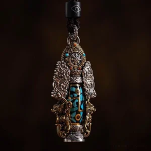 Close-up overhead view of nine-eye dzi bead with silver and gold filigree, central dzi bead, and decorative gemstones on dark background