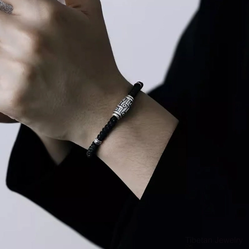 Tibetan dzi bead bracelet packaging and presentation, premium nine-eye silver bead with gift box and care instructions