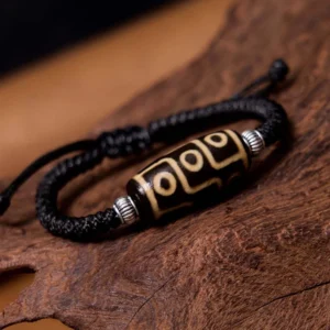 Nine-eye dzi bead bracelet oblique side view showing braided black cord with silver accents and traditional nine-eye pattern detail