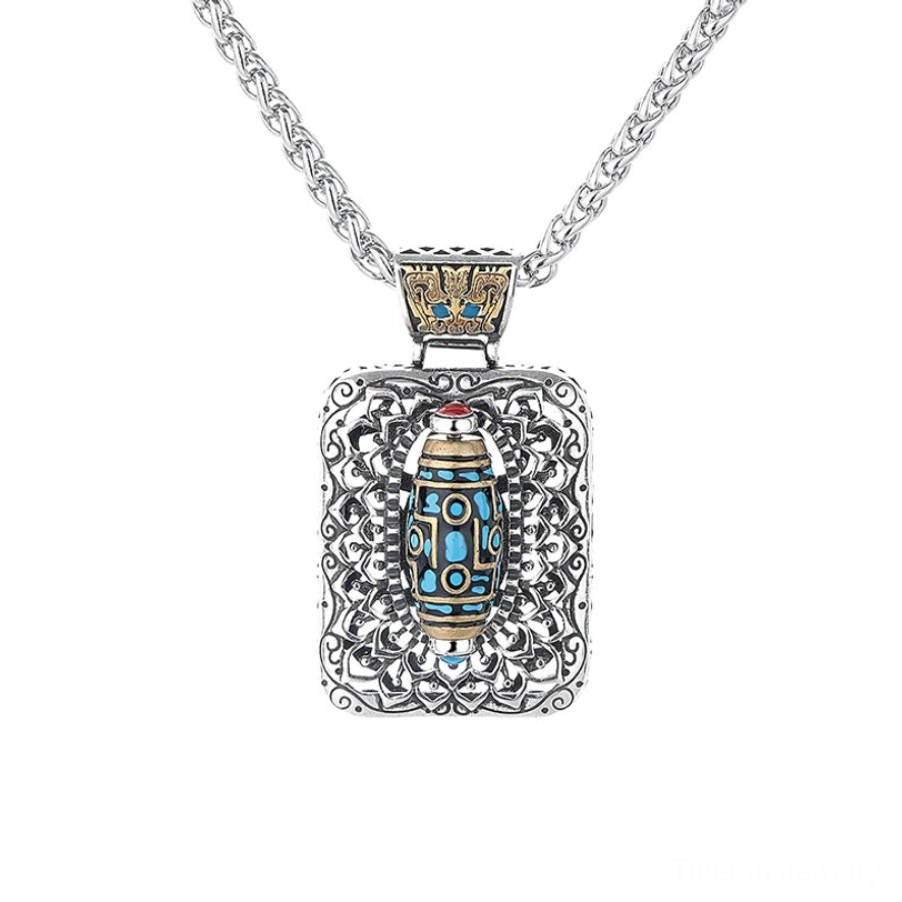Complete nine-eye dzi square pendant necklace with wheat-link chain and hollow design on white background
