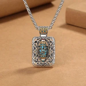 Nine-eye Dzi bead square pendant necklace with intricate filigree silver frame and inlaid Tibetan dzi stone
