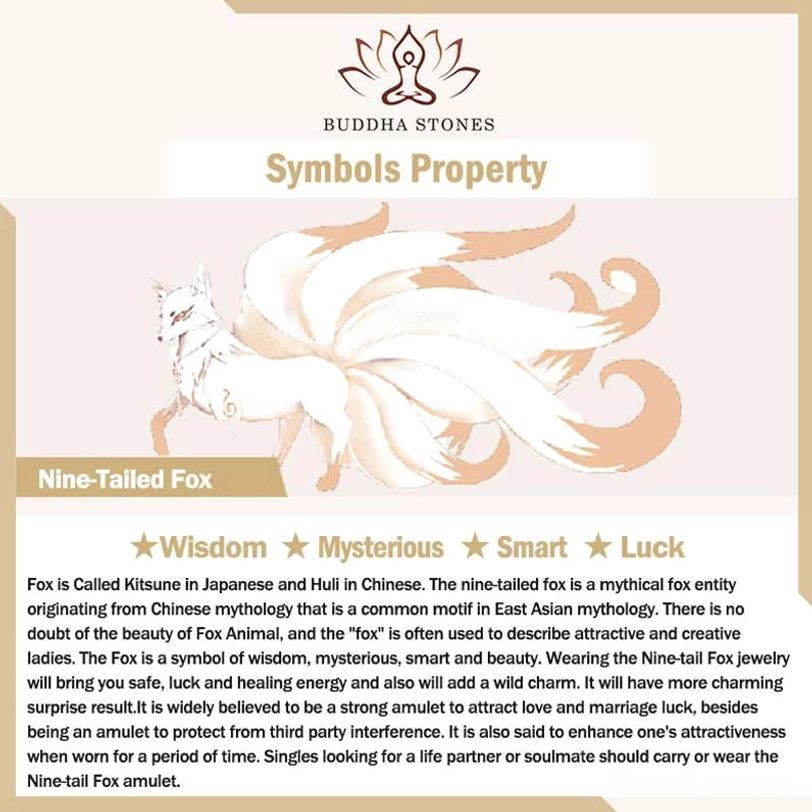 Nine-Tailed Fox amulet information card with English symbolic meaning description and mystical fox illustration