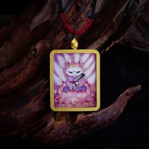 Nine-Tailed Fox thangka pendant with pink fox deity on lotus flower design, gold metal frame with red woven cord necklace