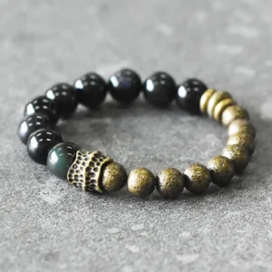 Obsidian Bronze Beaded Bracelet Detail - Engraved Bronze Metal Decor with Matte Round Bronze Beads and Smooth Black Obsidian Beads