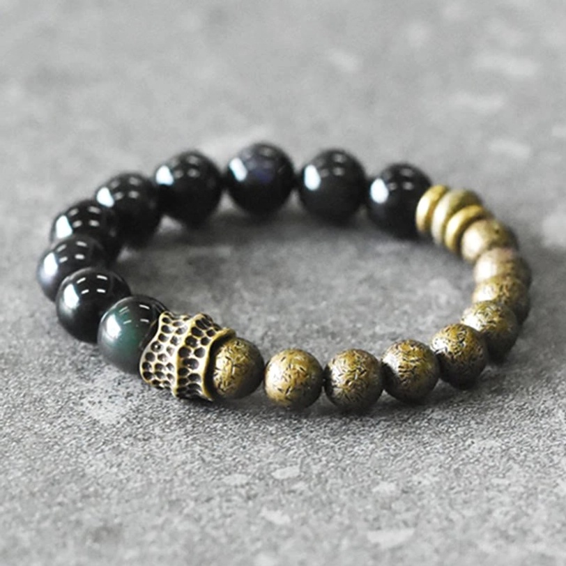Obsidian Bronze Beaded Bracelet Detail - Engraved Bronze Metal Decor with Matte Round Bronze Beads and Smooth Black Obsidian Beads