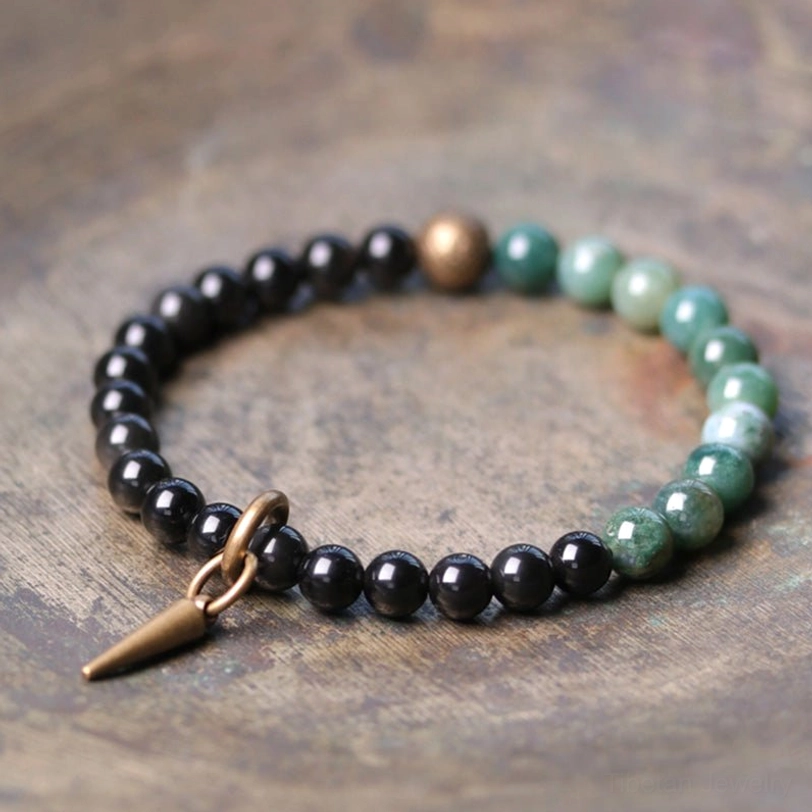 Couple bracelet set with black Obsidian and complementary healing stones featuring copper hardware - protection and grounding energy