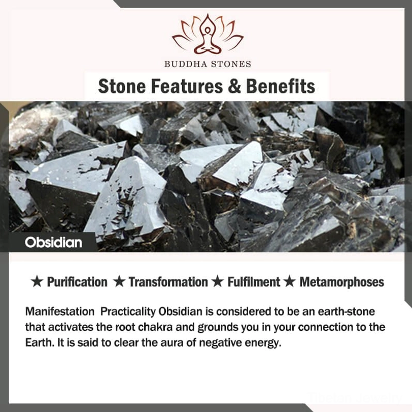 Obsidian stone benefits and properties information card with raw mineral photography and healing attributes