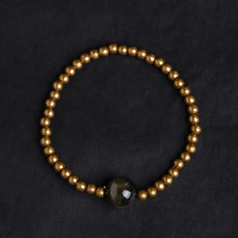 Complete gold sheen obsidian protection bracelet full circle display metallic brass beads