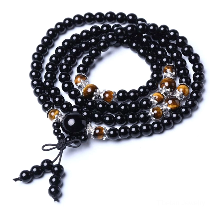 Black obsidian tiger eye red agate mala beads 6mm 8mm authentic tibetan prayer bracelet