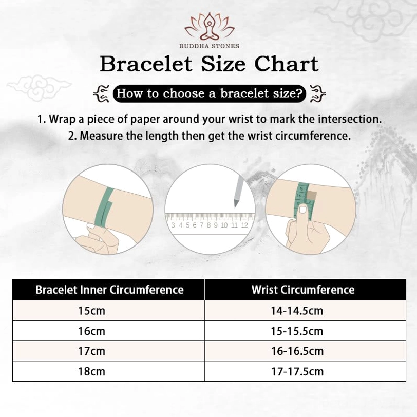 Buddha Stones bracelet size guide infographic with measurement instructions and sizing chart for olive pit copper wealth bracelets