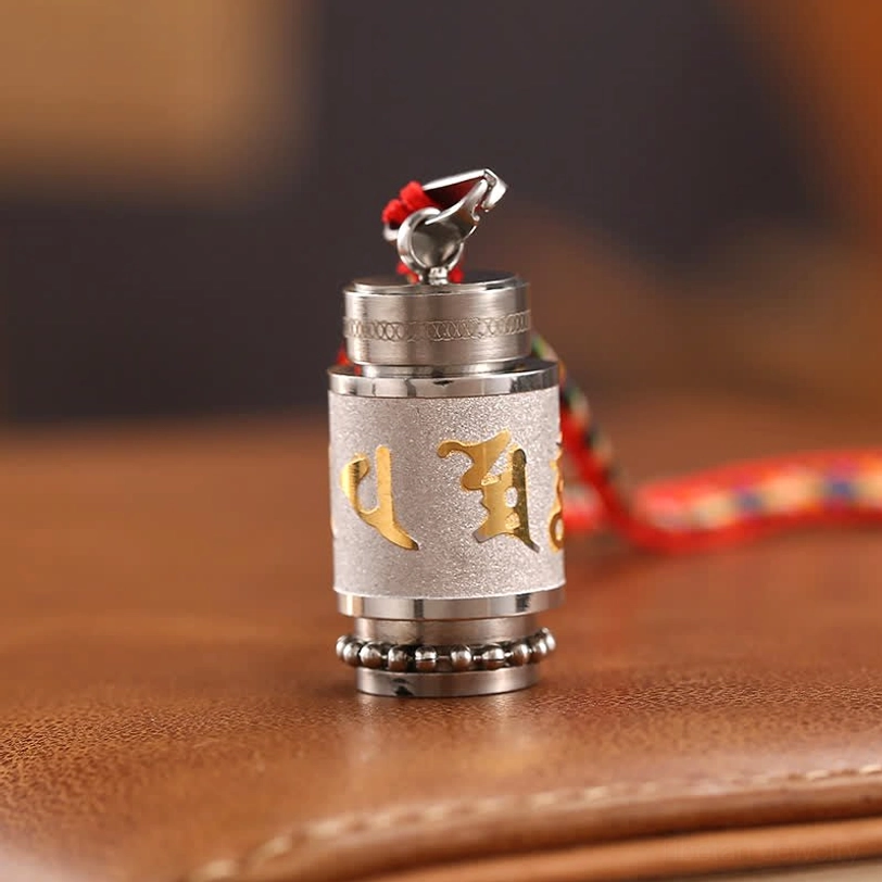 Tibetan wisdom mantra amulet with colorful woven string and silver titanium steel pendant