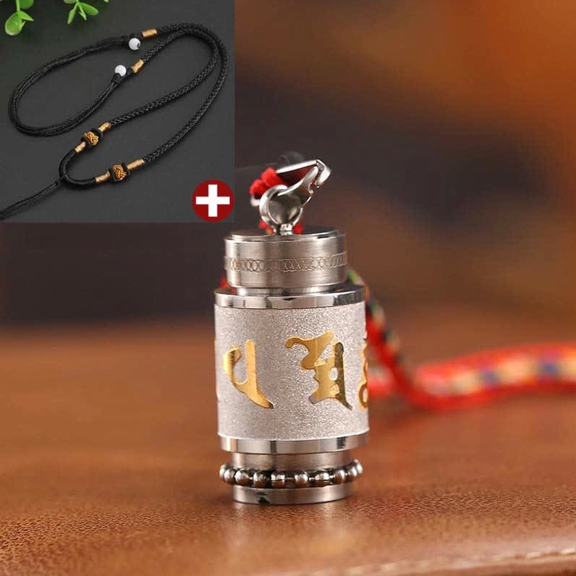 Om Mani Padme Hum Tibetan amulet with black woven rope and silver titanium steel construction
