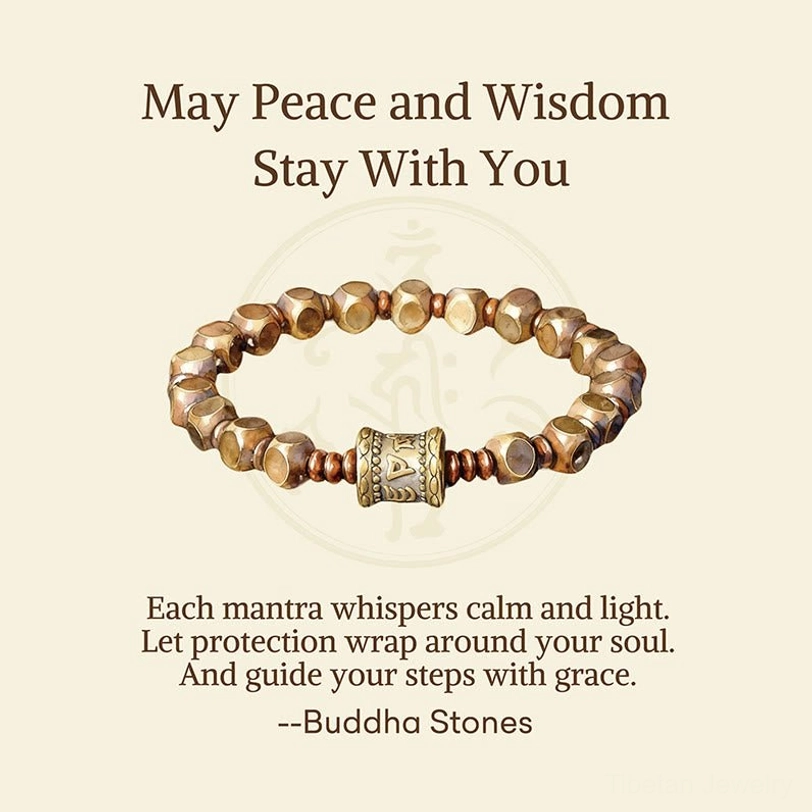 Sacred mantra bracelet with blessing card displayed on light beige background showing packaging
