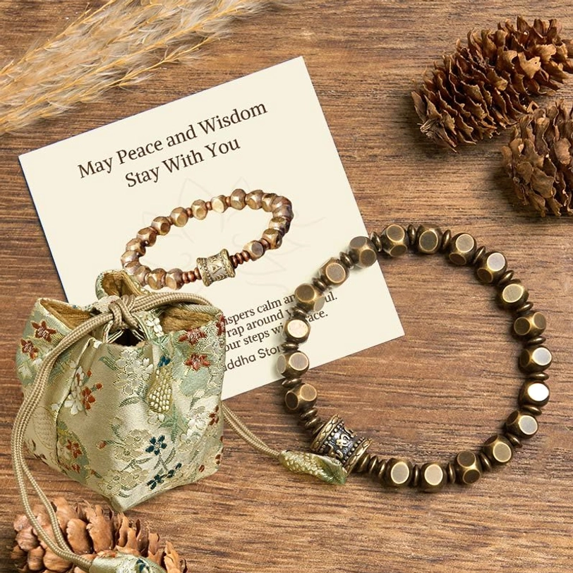 Om Mani Padme Hum brass amulet bracelet in deluxe gift bag with premium packaging