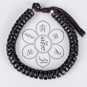 Complete front view of authentic Tibetan om mani padme hum spiritual bracelet showing full circular bead arrangement and sacred mantra pattern