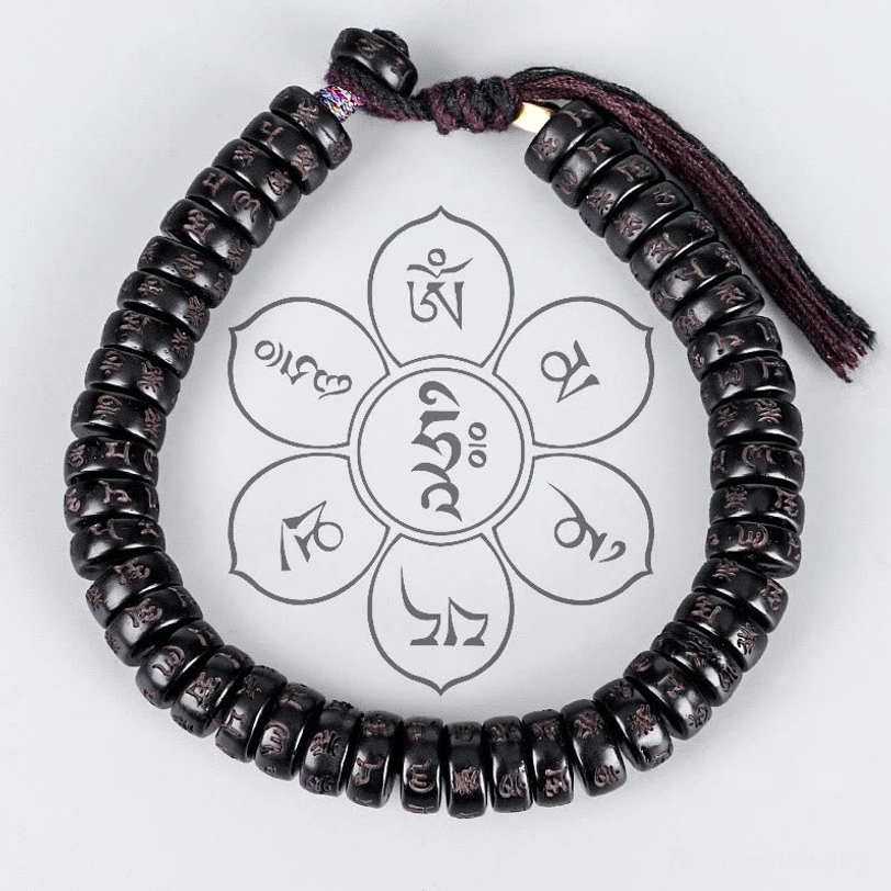 Complete front view of authentic Tibetan om mani padme hum spiritual bracelet showing full circular bead arrangement and sacred mantra pattern