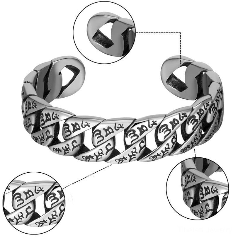 Tibetan mantra cuff bracelet with engraved Tibetan script, close-up detail shot showing clasp and size reference annotations