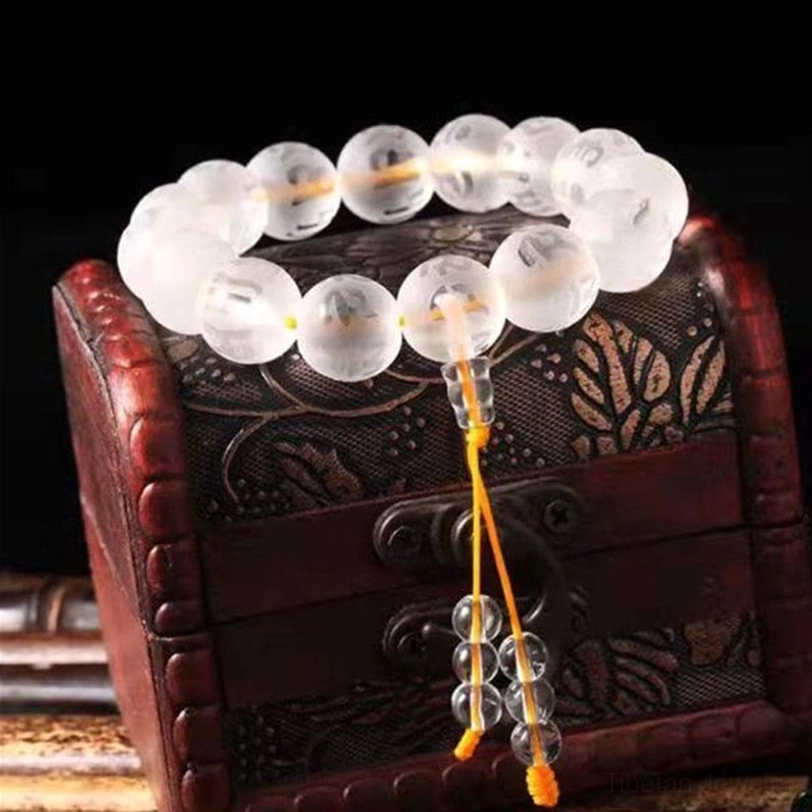 Om mani padme hum clear crystal prayer bracelet with engraved beads in vintage wooden presentation box