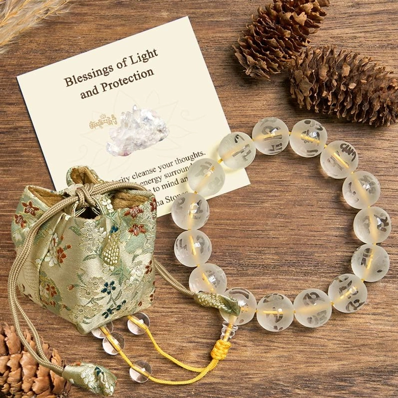Deluxe gift set with white crystal bracelet, embroidered linen storage bag, blessing card and wooden presentation
