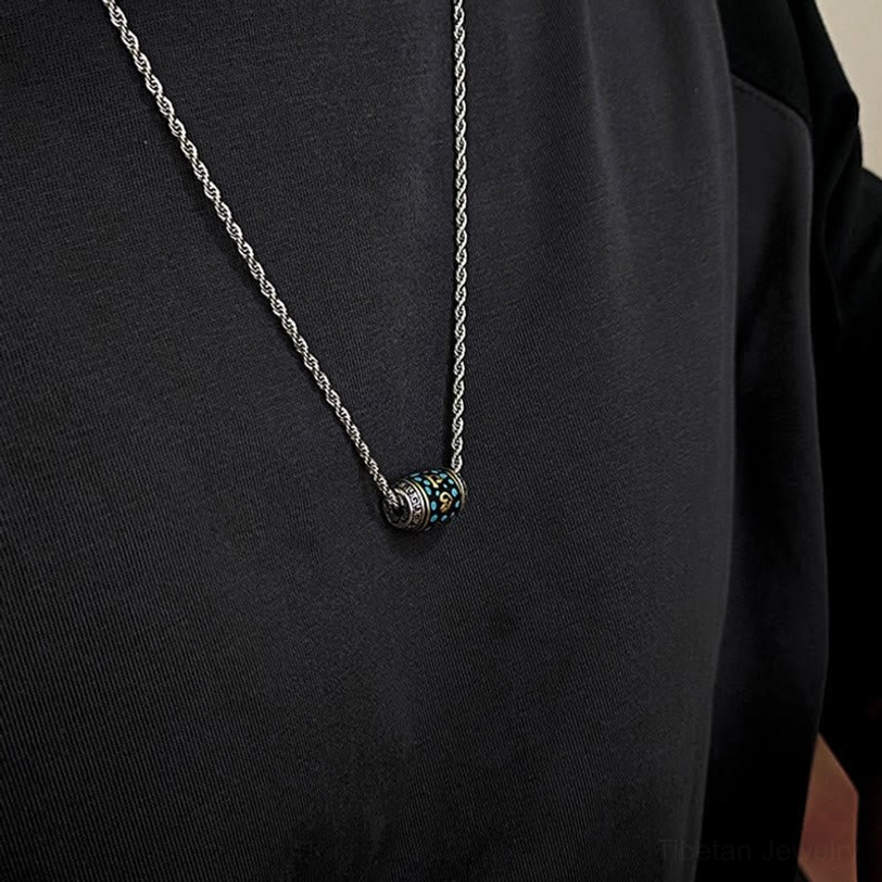 Tibetan Om Mani Padme Hum Dzi bead necklace titanium steel chain variant with hand-painted sacred pendant and adjustable metallic links