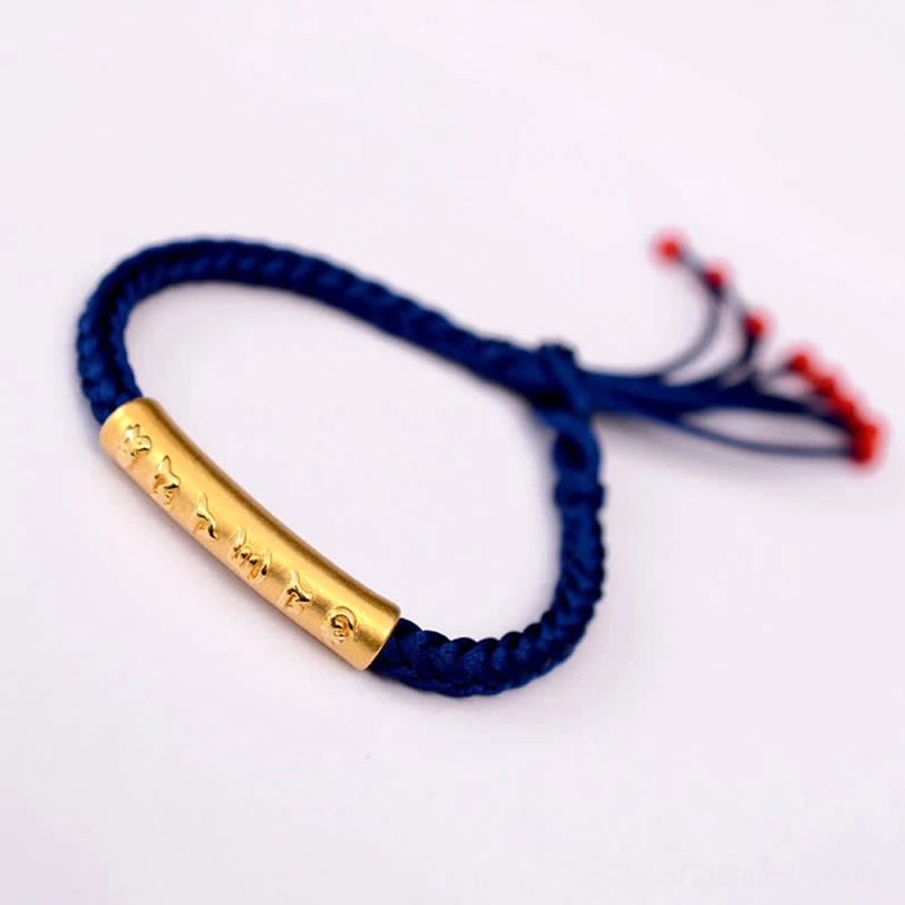 Gold plated Om Mani Padme Hum protection bracelet with blue string and sacred engraving