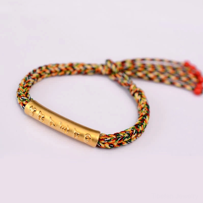 24K gold plated Tibetan mantra bracelet with mixed colorful threads and silver tube