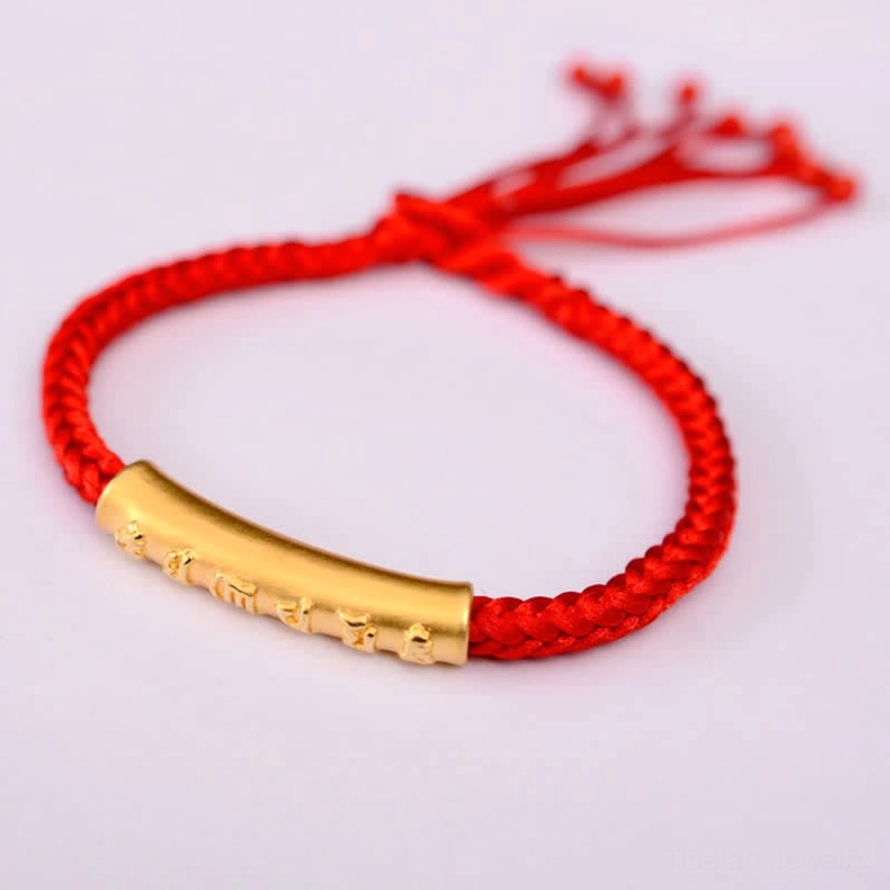 24K gold plated Om Mani Padme Hum bracelet with red sacred string and silver tube