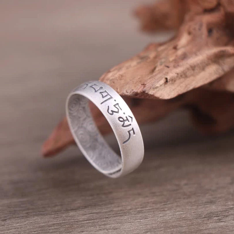 om mani padme hum mantra sterling silver tibetan blessing ring - sacred six true words sacred symbol