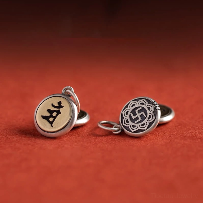 Buddhist Sanskrit metal pendants with engraved Om Mani Padme Hum symbols, sterling silver