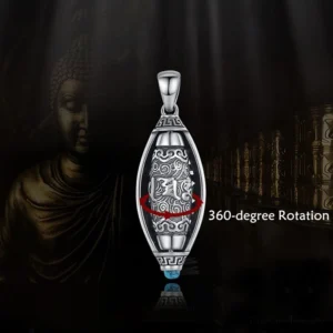 Om Mani Padme Hum protection pendant necklace front view showing carved Sanskrit mantras and 360-degree rotation mechanism against Buddhist background