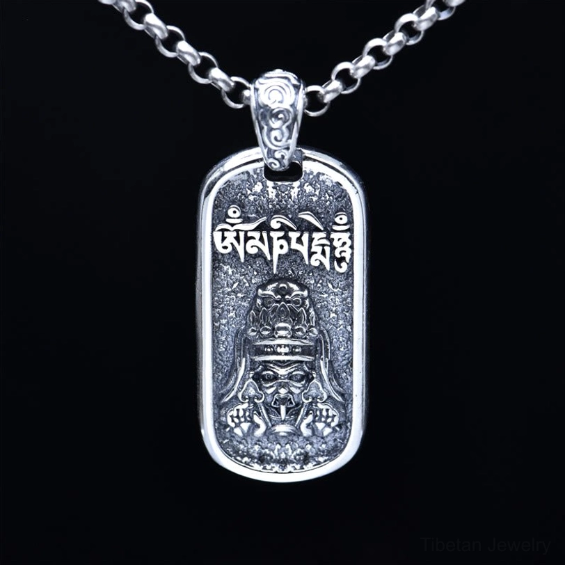 Om Mani Padme Hum silver pendant necklace full front display against black background, sterling silver chain