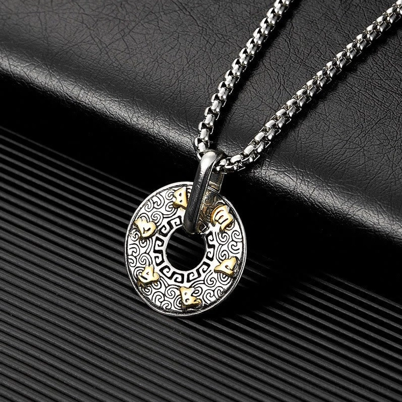 Single Om Mani Padme Hum tibetan mantra donut pendant necklace with two-tone design and engraved decorative border