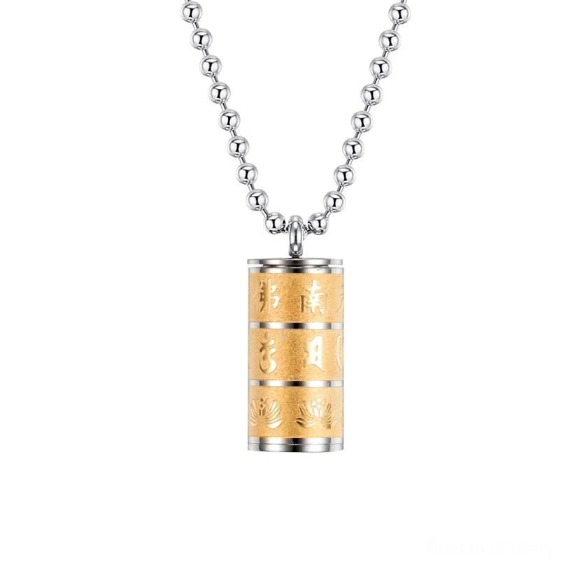 Top-down view of Tibetan Om Mani Padme Hum cylinder necklace with sacred Buddhist text and lotus motifs engraved