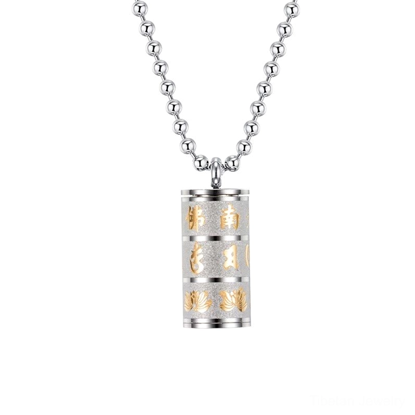 Silvery titanium steel Om Mani Padme Hum prayer wheel pendant with intricate Buddhist text and lotus patterns