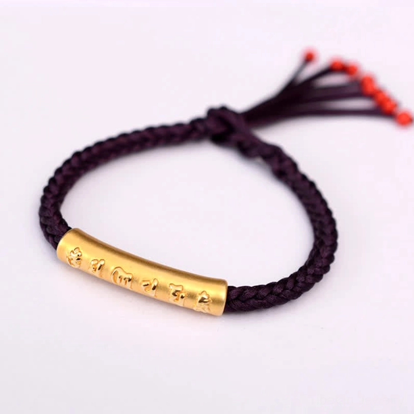 Pure 999 sterling silver Om Mani Padme Hum bracelet in dark purple with adjustable design