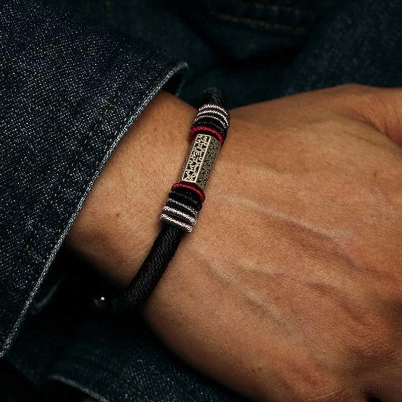 Om Mani Padme Hum red string protection bracelet with silver engraving suitable for meditation yoga practice