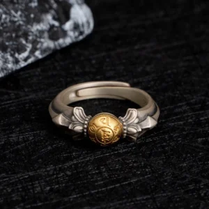 Adjustable Manjusri wisdom ring displaying flat frontal view with two-tone silver and gold mantra bead finish on dark textured background