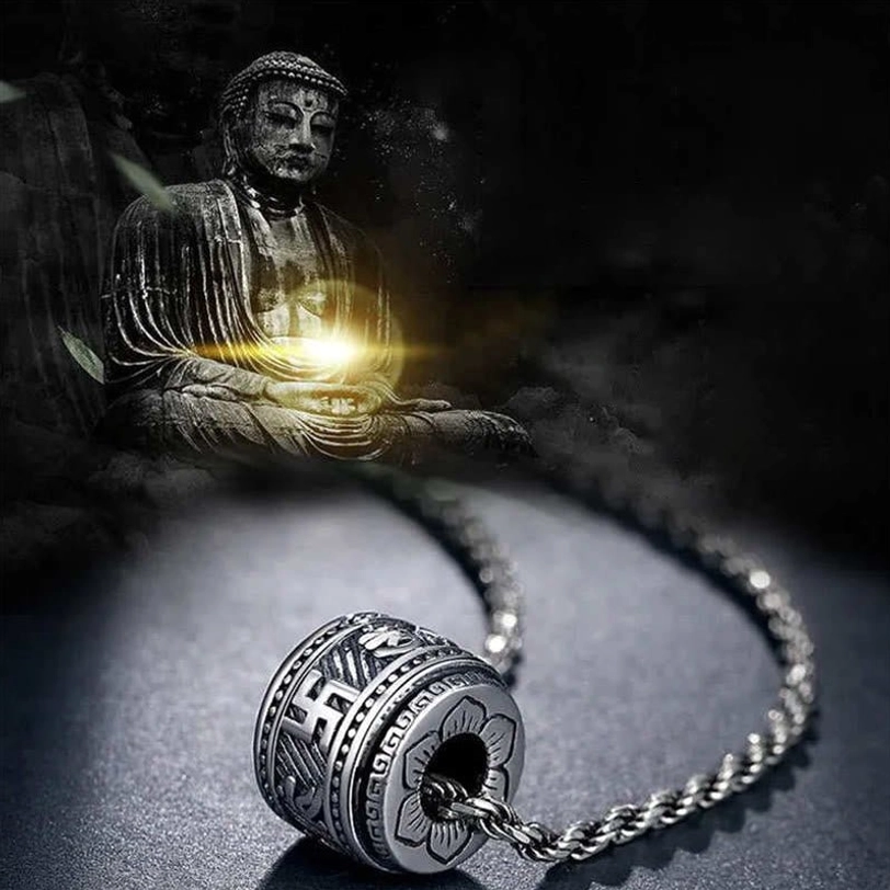 Buddhist mantra barrel pendant with antique silver finish and metal chain, front angle view displaying rotatable design with sacred mantras