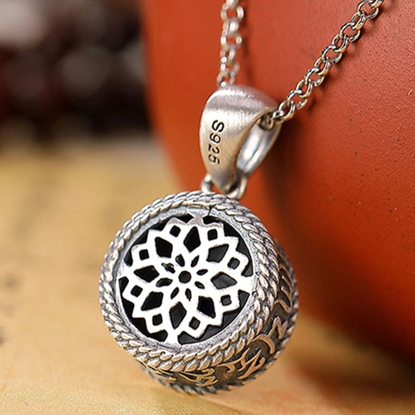 925 Sterling Silver Om Mani Padme Hum Tibetan necklace pendant with natural lapis lazuli stone, complete product display showcasing handmade craftsmanship and spiritual design