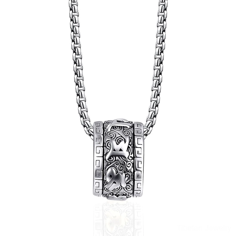 All-silver Om Mani Padme Hum titanium steel necklace with engraved rotating barrel pendant and wheat link stainless steel chain on white background