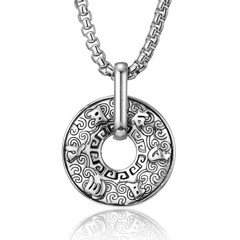 All-silver Om Mani Padme Hum donut pendant necklace with full engraved tibetan script patterns and smooth polished metal finish