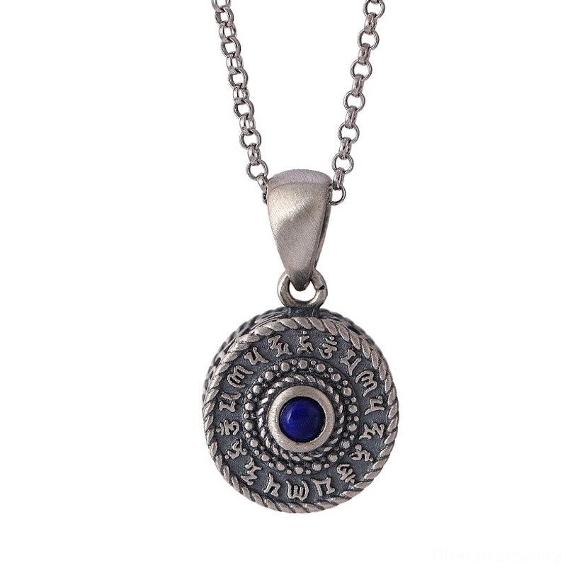 Front view of hollow carved Sterling Silver Om Mani Padme Hum mantra pendant featuring twisted rope border, S925 marked bail, and engraved Sanskrit mantras on cylindrical sides