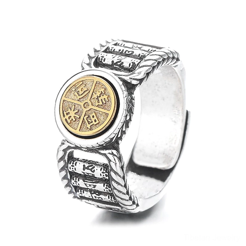 All-silver oxidized finish Om Mani Padme Hum rotatable mantra ring with engraved central disc and twisted rope band details, front side view