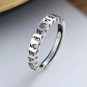 925 sterling silver six true words om mani padme hum ring with hand-engraved Sanskrit mantras, vintage antiqued finish, adjustable open band design