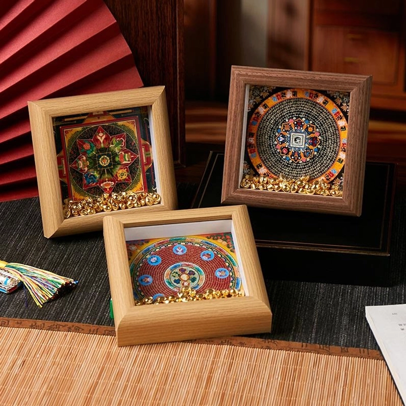 Om Mani Padme Hum thangka frame artistic display showing Tibetan Buddhist sacred geometry and spiritual symbolism