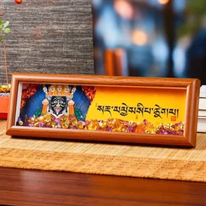 Om Mani Padme Hum thangka frame with amethyst and citrine crystals on bamboo mat, style 1 front view